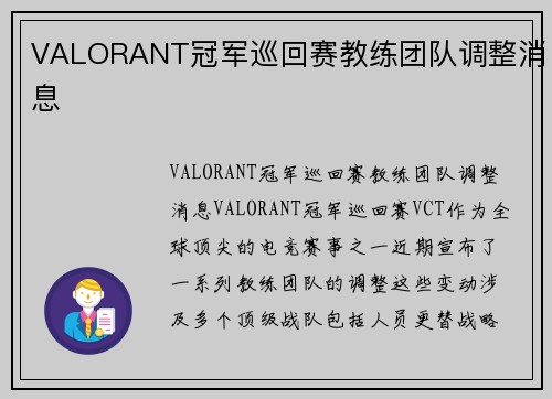 VALORANT冠军巡回赛教练团队调整消息